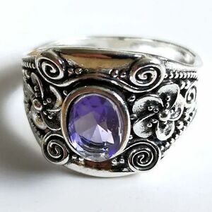 Elegant Silver Plated Amethyst Bohemian Chunky Ring